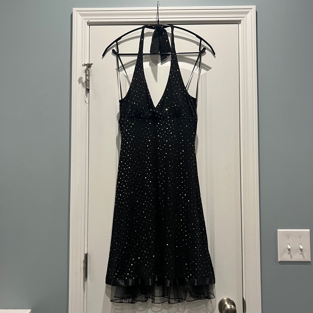 Jodi Kristopher Halter Dress Women M Black Gold Polka Dot Tulle Hem 77220305 Y2K